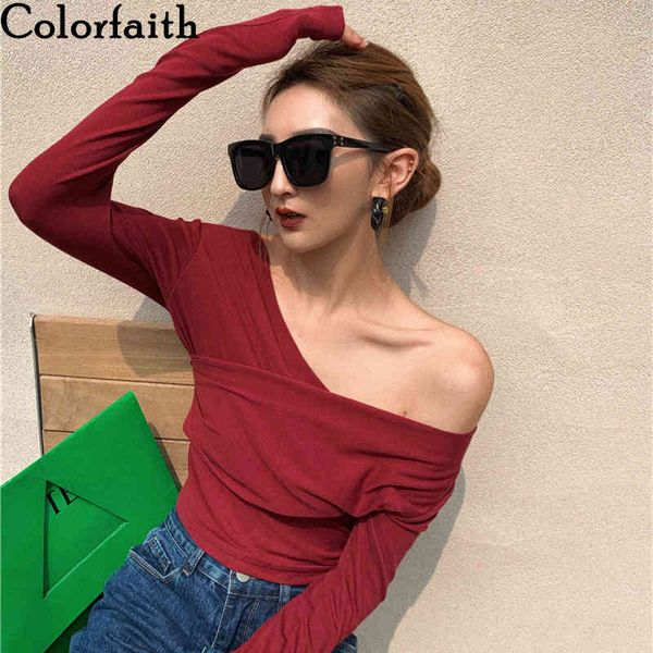 

colorfaith new women autumn winter t-shirts vintage bottoming pull fashionable wild off shoulder short t88872 210413, White
