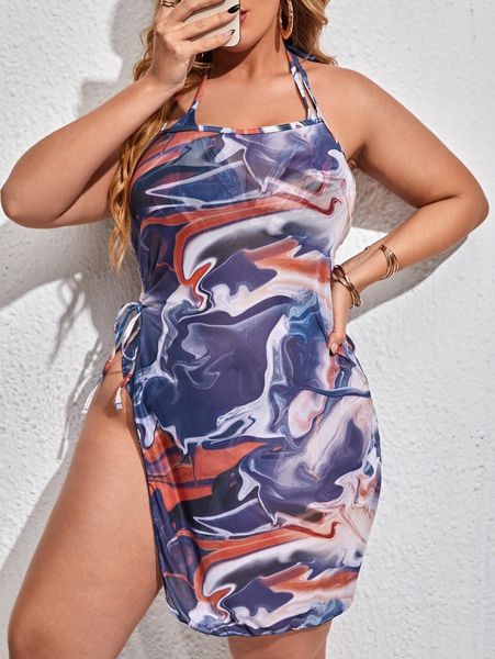 

3pack plus allover print bikini swimsuit & cover up h0u3#, Black