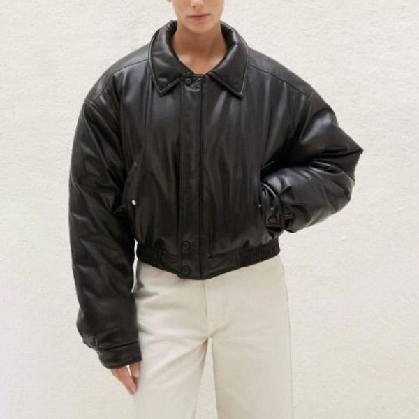 

women's down & parkas a fashion moto biker turn collar women elegant short coats solid pu leather cotton jackets ladies, Black