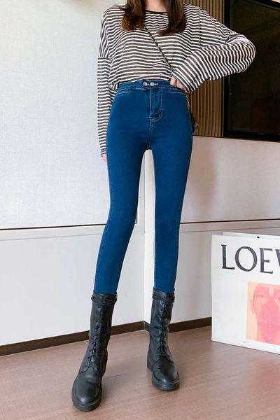 

high waist women's spring elastic slim fit small feet peach hip tight outer pencil pants, Blue