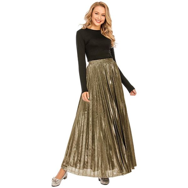 

skirts spring autumn high waist women clothing a-line velvet pleated skirt casual long solid party robes ta3042, Black