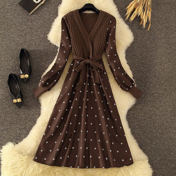 

v-neck women fashion loose knitted patch long spring autumn sleeve vintage korean chic elegant vestidos or5l, Black;gray