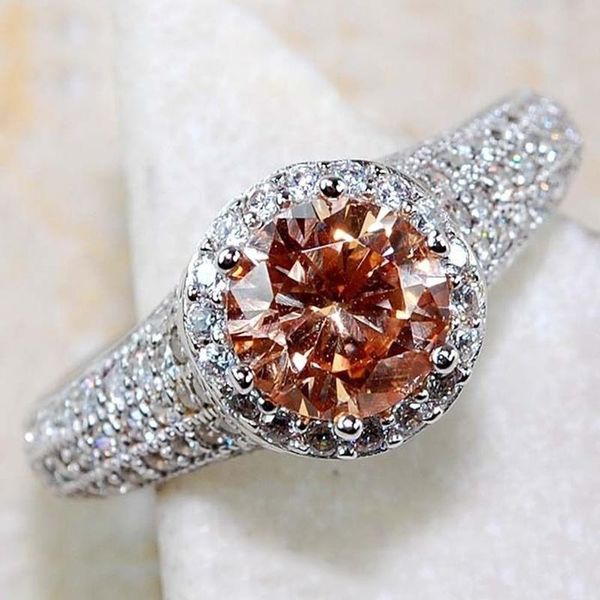 

wedding rings for women luxury 6 claw round brown stone + zircon silver color finger ring gift fashion jewelry kbr132, Slivery;golden