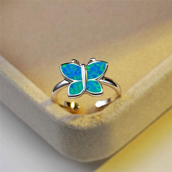

wedding rings cute butterfly open engagement ring female white blue fire opal animal boho silver color adjustable for women, Slivery;golden