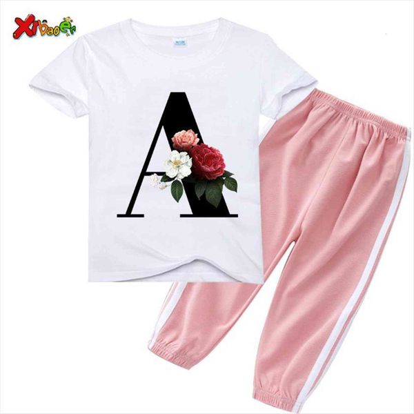 

children clothing set kids clothes sets flower letter a b e pant 2pcs fashion summer girls suit casual toddler baby, White