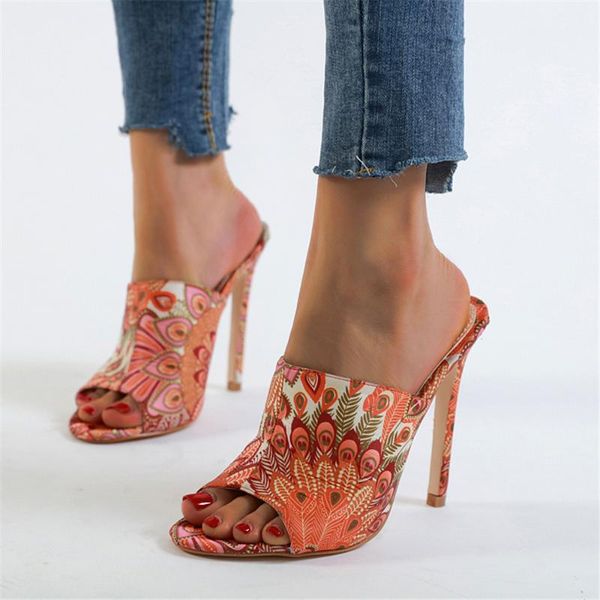 

slippers 2021 summer women fashion 12cm high heels peacock slides female classic mules lady fetish scarpins sandals party shoes, Black