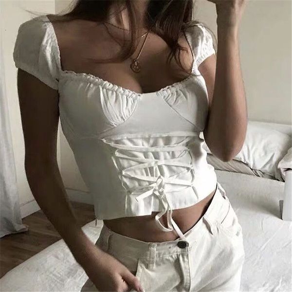 

women's t-shirt chic white blouse women stylish bow tie drawstring crop female puff sleeve square collar tunic shirt q5ls