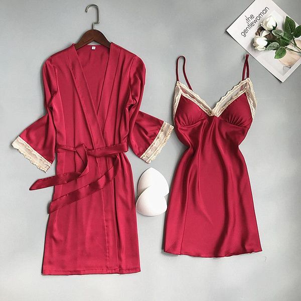 

women's sleepwear women 2pcs set satin kimono bathrobe gown casual soft sleep suit nightdress lace intimate lingerie silky home clothes, Black;red