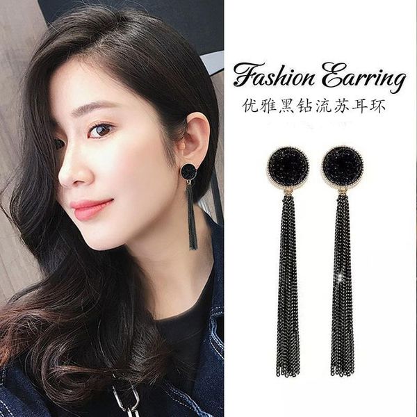 

stud korean s925 silver needle exaggerated personality long black diamond studded tassel earrings court style women's, Golden;silver