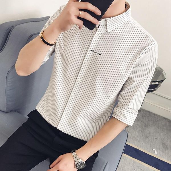 

striped shirt men's short-sleeved slim-fit korean trend three-quarter sleeve fashion casual shirts, White;black