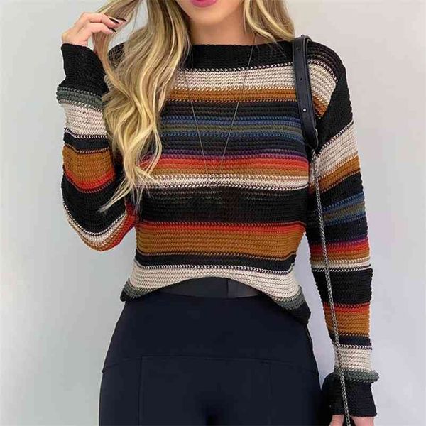 

autumn and winter sweater o neck casual pullover for women hit color stripes long sleeve knitted jumper sweaters 210517, White