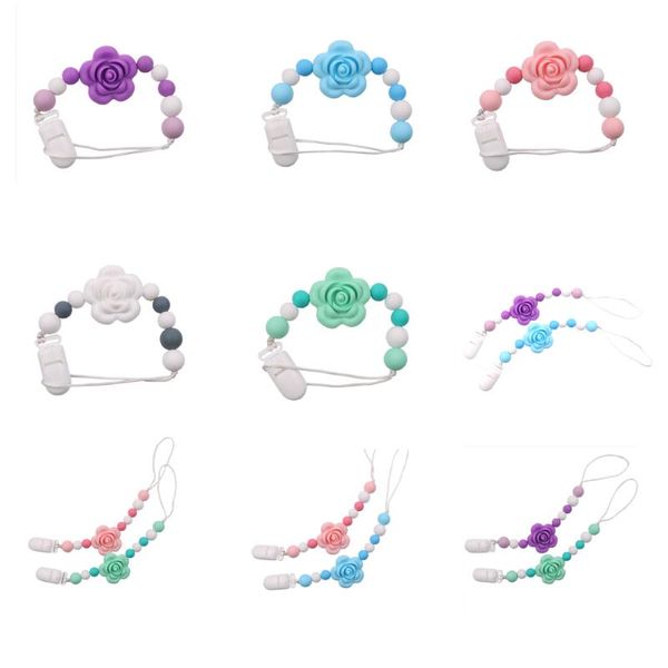 

pacifier holders&clips# wooden round beads silicone safety and environmental protection rose baby nipple clip chain