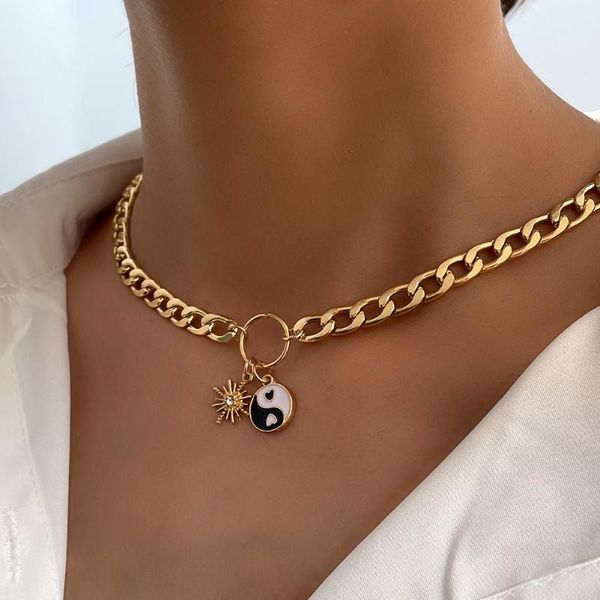 

chains 7.5mm gold color metal cuban chain choker necklaces for women fashion sun yin yang pendant necklace statement jewelry gift, Silver