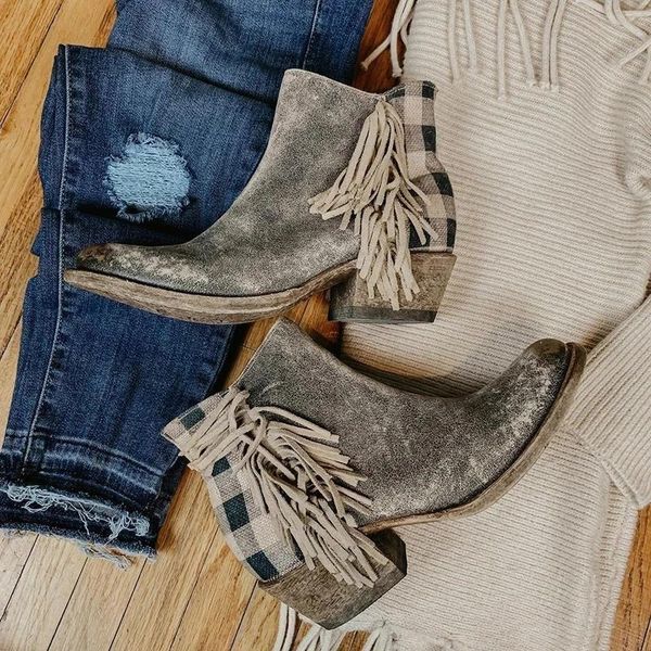 

boots retro women ankle tassel side checked back zipper chunky heel all season ladies shoes round toe low female, Black