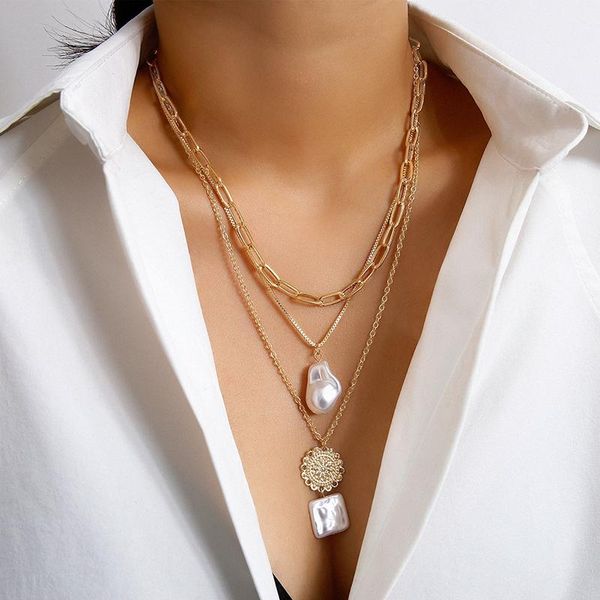 

pendant necklaces multi-layered vintage baroque irregular pearl chain necklace for women geometric flower collar punk jewelry, Silver