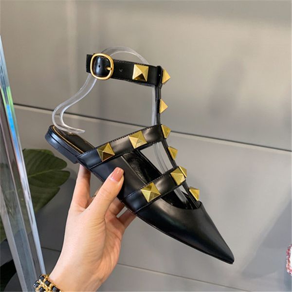 

sandals women's new rivet flat shoes low heel catwalk style pointed temperament, Black