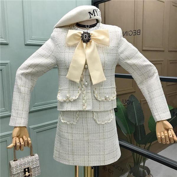

two piece dress skirt suit 2021 women's bow short pearl jacket + high waist a-line two-piece, White