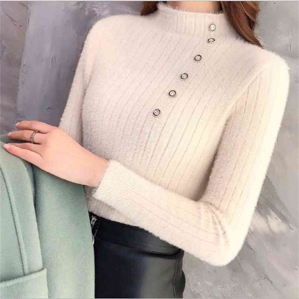 Faux Nerz Samt Knopf Unten Pullover Frauen Hohe Kragen Einfarbig Einfache Schlanke Warme Gestrickte Pullover Weibliche Frühling 210427