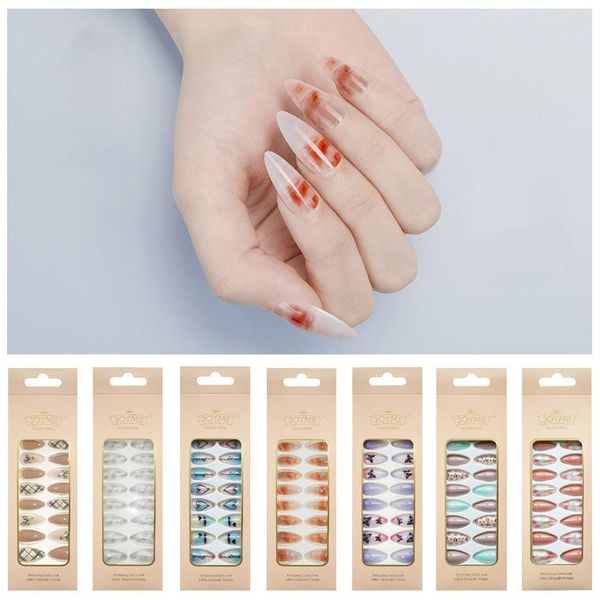

false nails design almond shape extended butterfly leaf leopard marble style wear diy manicure patch short, Red;gold
