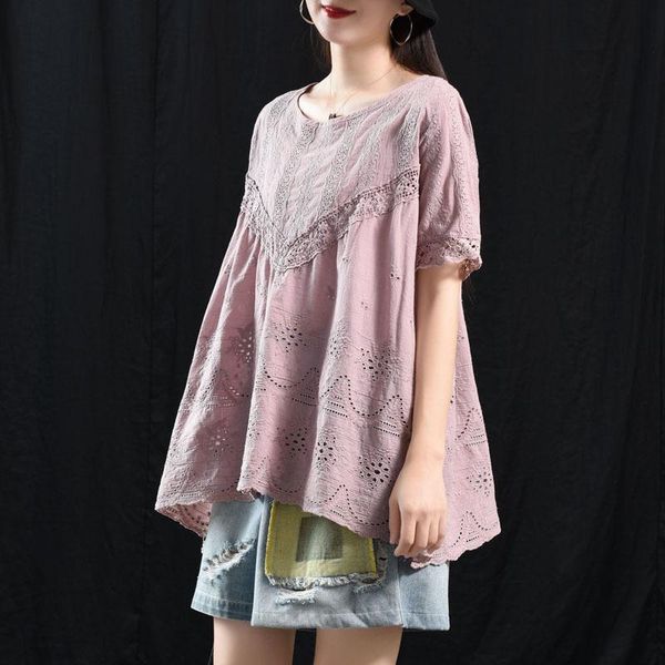 

women's blouses & shirts literary fan casual shirt summer simple solid color stitching lace embroidery wild short sleeve top, White