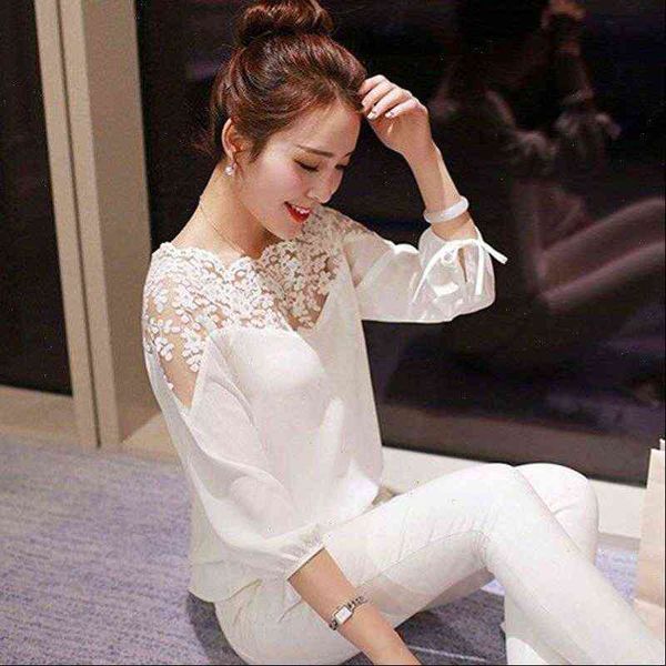 

women shirt blouses spring autumn fashion plus size slim lace long sleeve o neck leisure black white s