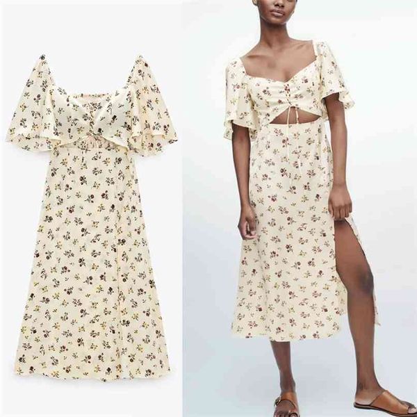 

cut out floral print summer dress women short sleeve adjustable drawstring party es woman smocked elastic 210524, Black;gray