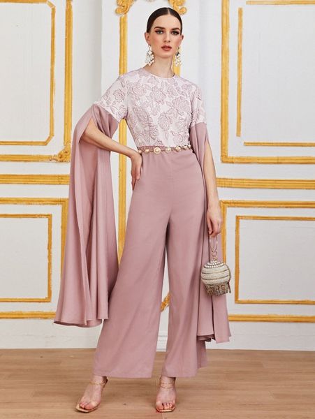 

split sleeve jacquard bodice palazzo jumpsuit without belt 71d9#, White