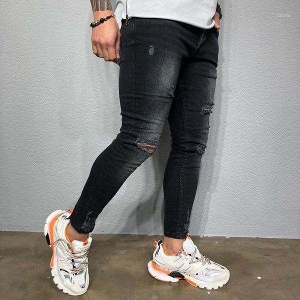 

mens denim jeans for men vintage ripped solid skinny hole slim fit stretch casual streetwear man trousers men's, Blue