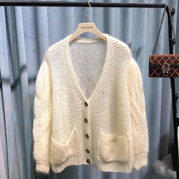 

ouyang nana same knitted sweater mohair lady gentle lady plush warm glutinous lantern sleeve cardigan, White;black
