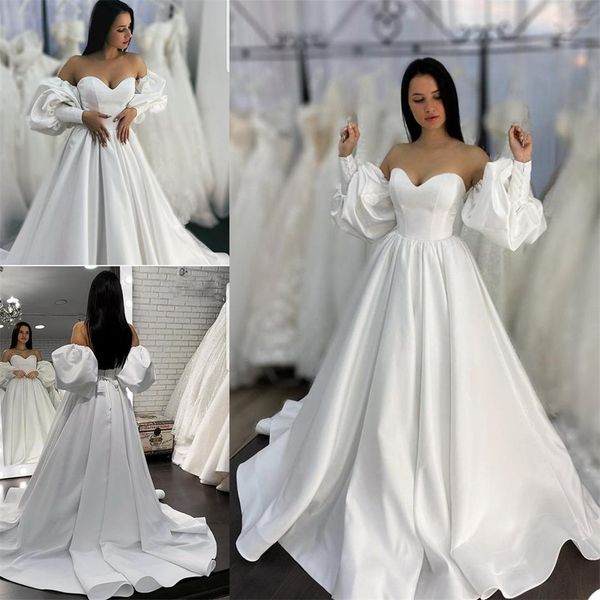

2021 white simple a line wedding dresses plus size bridal gowns sweetheart neck puffy sleeves lace up satin vestidos de novia