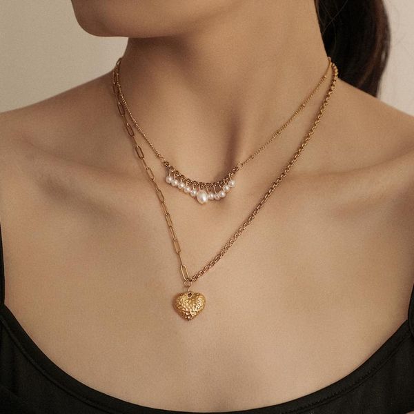 

pendant necklaces stainless steel heart pearl chain necklace for women fashion chocker double layer drop wholesale, Silver