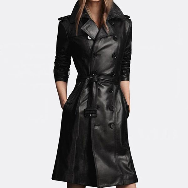 

women's trench coats plus size full sleeve female overcoat double breasted belted long coat windbreaker women autumn winter pu leather, Tan;black
