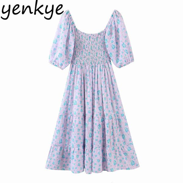 

blue floral backless dress women square neck lantern sleeve elegant ladies holiday party dresses summer boho vestido 210430, Black;gray