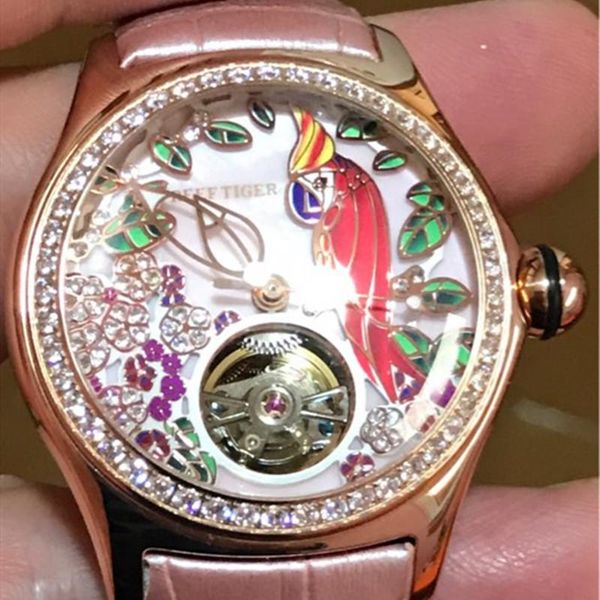 

wristwatches 2021 reef tiger/rt womens luxury fashion watches diamond automatic tourbillon watch leather strap relogio feminino rga7105, Slivery;brown