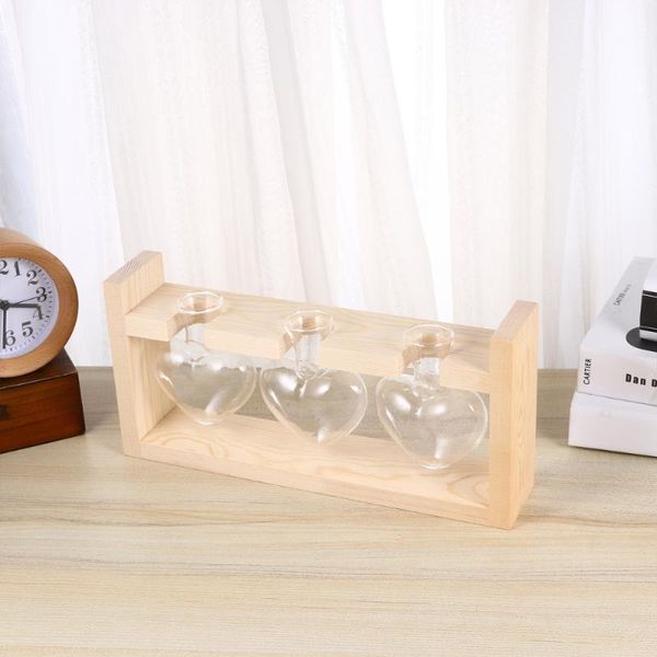 

vases 3pcs heart shape glass hydroponics planter green plant container flower arrangement with wooden rack (log color)