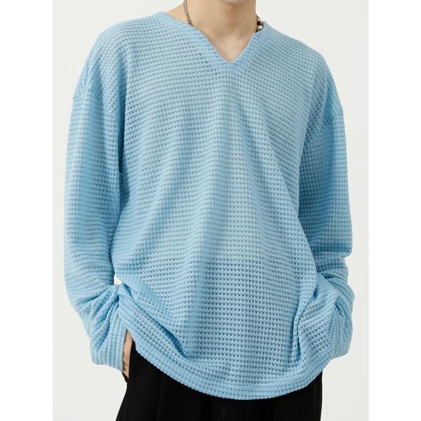 

men's t-shirts men clothing 2021 autumn products korean loose solid color v-neck t-shirt trend personality hollow design top, White;black