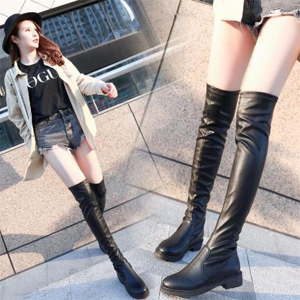 

boots 2021 pu leather women over the knee slip-on high heels autumn woman shoes winter thigh, Black
