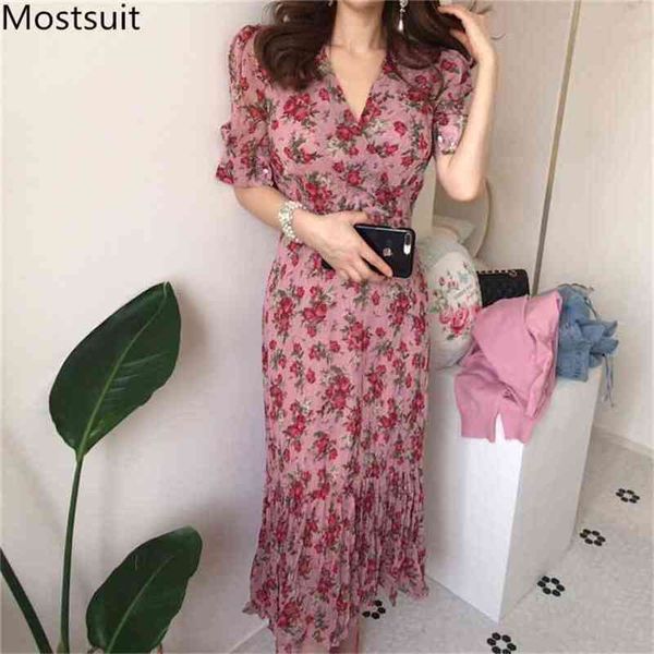 

summer vintage korean floral printed long pleated dress women short sleeve v-neck fashion ladies dresses vestidos femme 210513, Black;gray