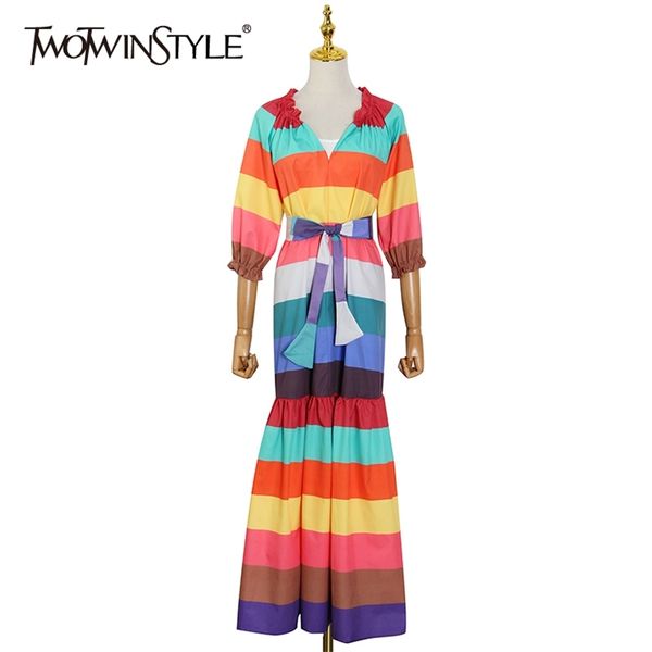 

casual striped dress for women v neck lantern half sleeve high waist midi dresses female summer fashion style 210520, Black;gray