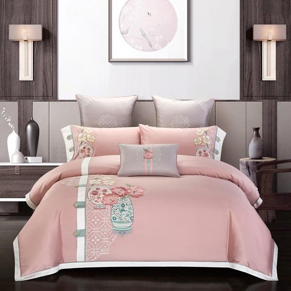

luxury embroidery flowers duvet cover set 600tc egyptian cotton 4pcs  king size bedding gray pink flat bed sheet sets