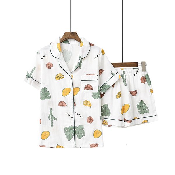 

women's sleepwear cute cartoon fruit printed women 2pcs 100%gauze cotton pajamas set turn-down collar short sleeve+shorts sweet ho, Black;red