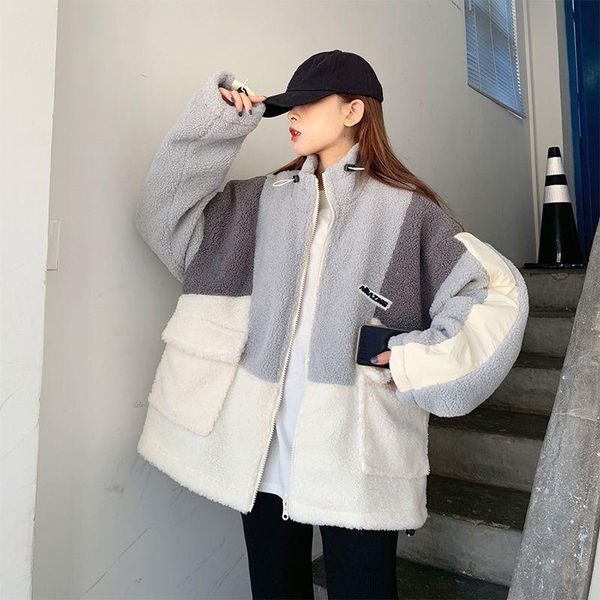 

women's jackets woman jacket winter imitation lambswool coat fashion patchwork korean casual wild girls loose oversized women clothing, Black;brown