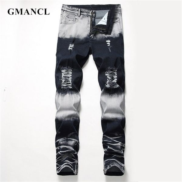 

men knee ripped gradient color stretch slim stitching denim pants streetwear man casual cotton motorcycle hip hop biker jeans 210723, Blue