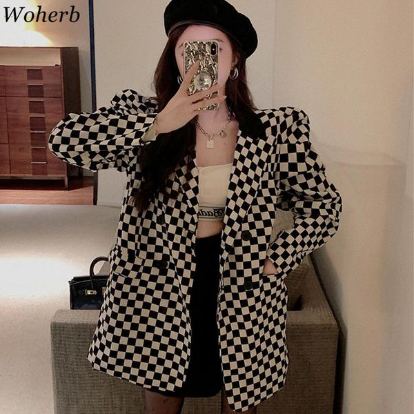 

women's suits & blazers woherb casual plaid blazer women streetwear all match loose checkerboard jacket 2021 harajuku korean fashion vi, White;black