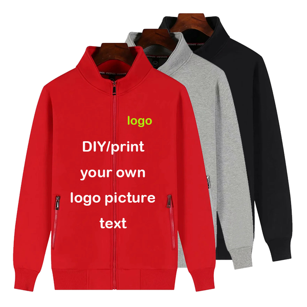 

men's hoodies & sweatshirts custom logo thick section plus velvet zipper stand collar sweatshirt casual wear long sleeve spring and aut, Black