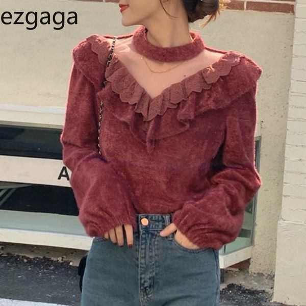 

ezgaga elegant women sweater jumper long puff sleeve korean fashion mesh lace patchwork knit pullover loose hollow out casual 210430, White;black