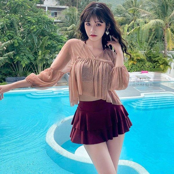 

one-piece suits women's swimsuit separate three-piece steel support gathered cover belly slimming conservative spring korean fairy swimw