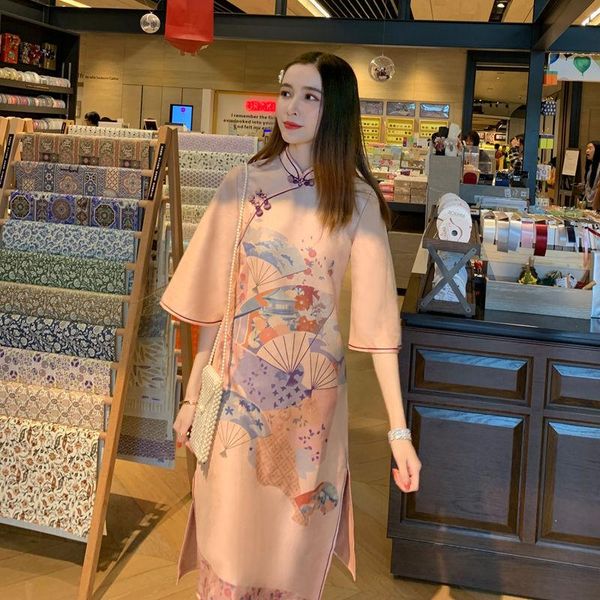 

ethnic clothing chinese style women cheongsam print mandarin collar qipao vestidos vintage ladies evening party dress stage show robe g, Red