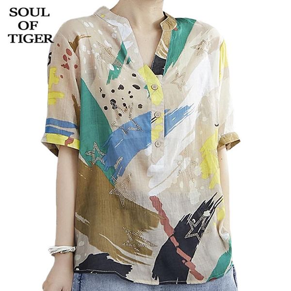 

women's blouses & shirts soul of tiger 2021 korean fashion designer ladies casual and women linen female printed short sleeve clothes, White