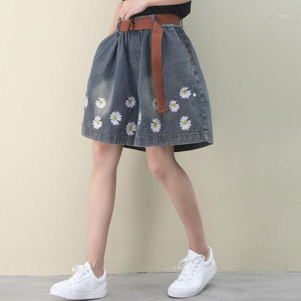 

women's jeans johnature 2021 summer korean retro embroidery elastic waist wide leg shorts simple loose comfortable all-match women, Blue